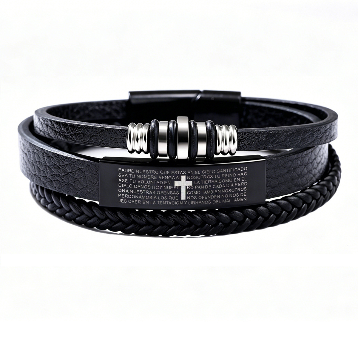 Magnetic Clasp Cosplay - 男性用三重層編み込みレザーブレスレット、クロス刻印タグ、マグネット式留め金、ヴィンテージ重ね付け可能リストカフ、ファッションハンドジュエリー