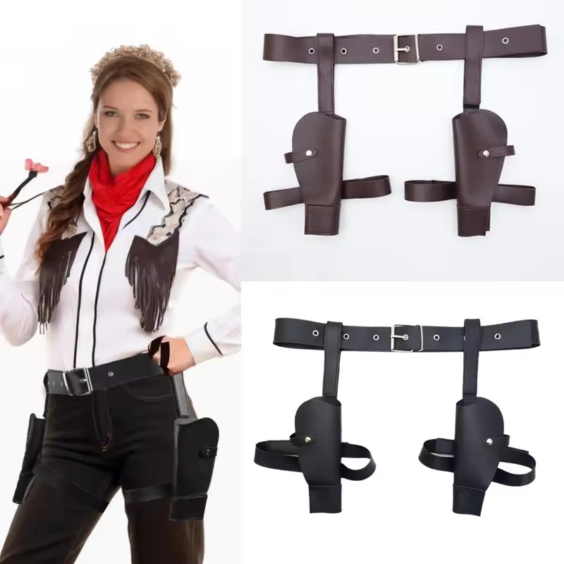 Cosplay Prop Pistol - 大人用ヴィンテージPUレザーウエストカバー、ララコスプレホルスター、ウェスタンデニムベルト、ロールプレイングガンホルダー、ハロウィン小道具アクセサリー