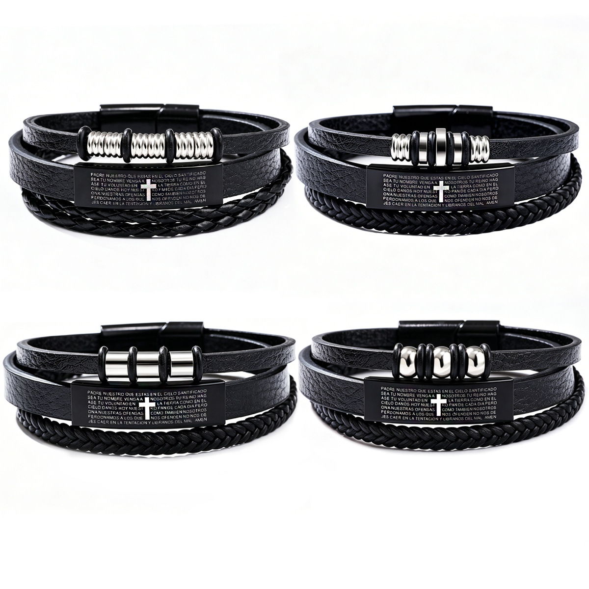 男性用三重層編み込みレザーブレスレット、クロス刻印タグ、マグ - Magnetic Clasp Cosplay のレビューと価格