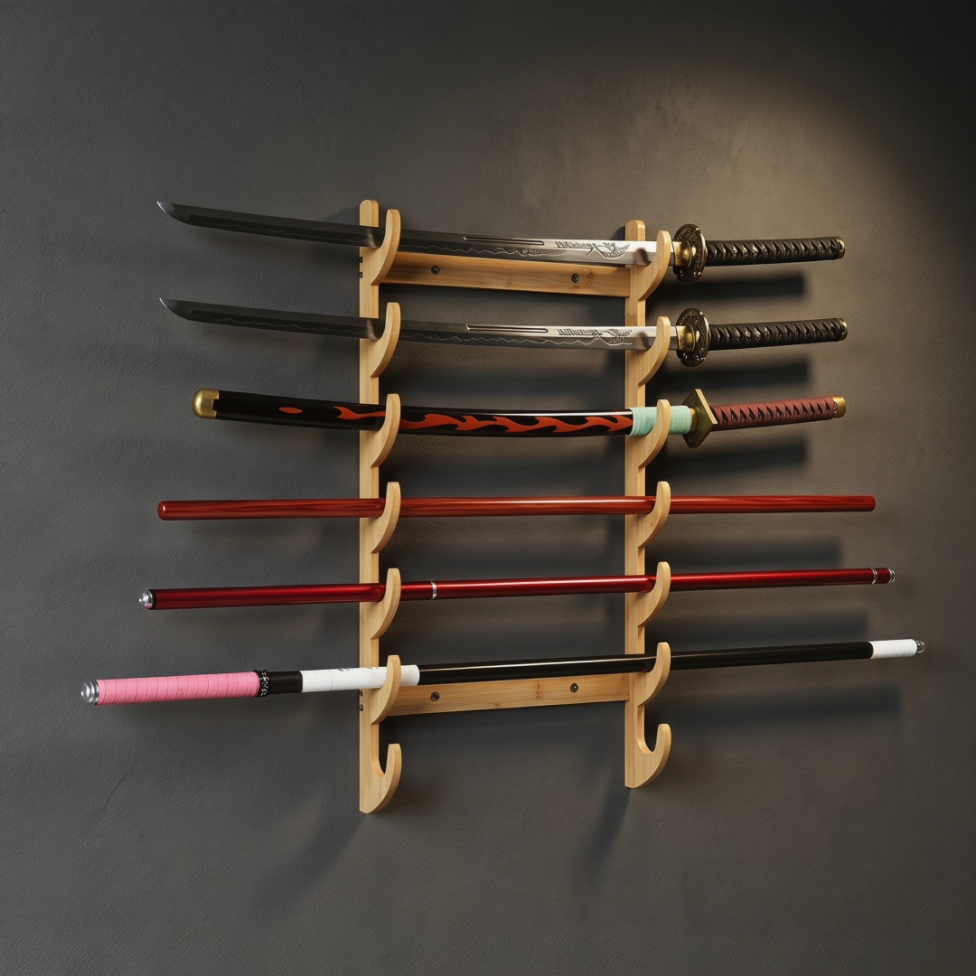 8層式壁掛け刀剣収納棚サポートホルダー アニメコスプレ木製サ - Cosplay Prop Katana のレビューと価格